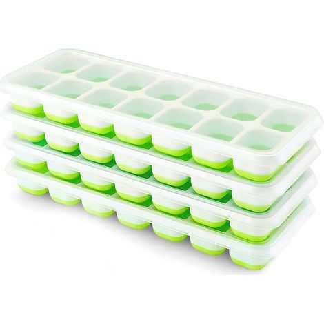Set mit 4 Silikon-Eiswürfelformen mit Deckel, leicht zu entnehmende quadratische Eiswürfelformen (grün) (1/5)