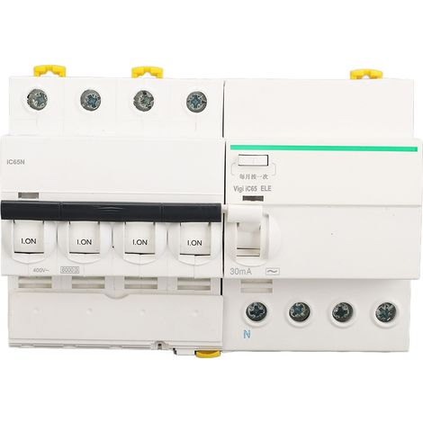 Disjoncteur miniature PA66 à enveloppe ignifugée, 4 pôles et neutre, avec protection contre les fuites de courant, 400 V CA, 10 A