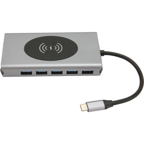 Hub USB 3.0 13 en 1 : 5 ports USB 3.0, 1 port USB-C, 1 interface multimédia 4K HD, 1 port VGA, 1 port Ethernet RJ45 et 1 station d'accueil USB avec chargement sans fil. (1/5)