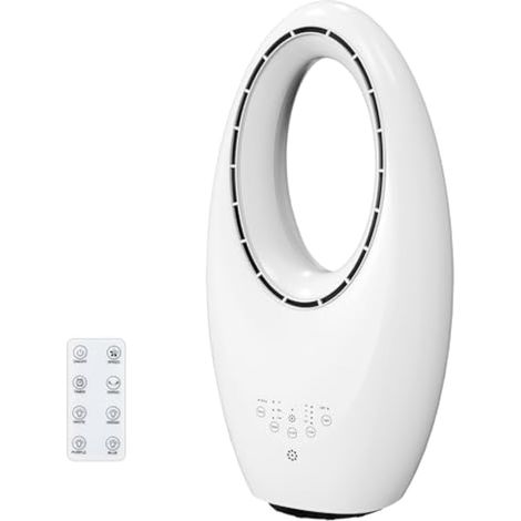 Ventilador de torre silencioso de 55 cm, sin aspas, oscilante, luz LED de 4 colores, temporizador de 7,5 horas, pantalla táctil, mando a distancia, diseño compacto, blanco. (1/5)