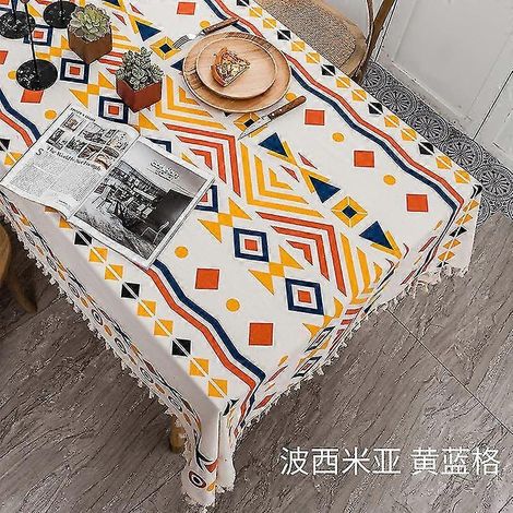 Nappe bohème en coton et lin jetable, style ethnique, à pompons rectangulaires, imperméable et résistante à l'huile (140 x 200 cm, jaune 1). (1/4)