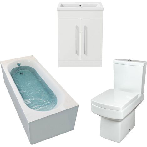 1600mm Bathroom Suite Single Ended Bath Toilet Vanity Unit Basin White Modern (1/5)