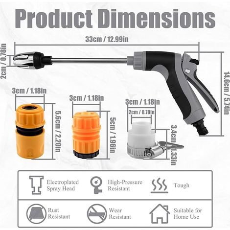 High Pressure Washer Wand Grey 3 Quick Connectors High Pressure Garden Hose Nozzle 360° Rotating Long Rod 3 Spray Modes Hose Sprayer (1/4)