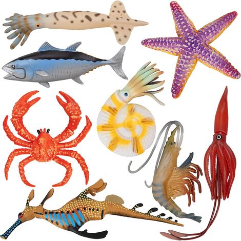 Lot de 8 figurines d'animaux marins en plastique (crabe, étoile de mer, calmar, poisson), idéales pour le bain ou la décoration d'aquarium. Ces figurines en caoutchouc représentent des créatures marin (1/5)
