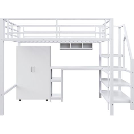 Cama alta 140 x 200 cm en metal y MDF con escritorio, armario y estantes, blanco (1/5)