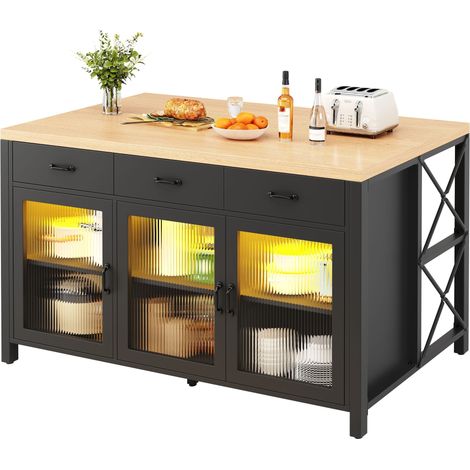 Îlot de Cuisine avec 3 Tiroirs et 3 Placards à Portes Vitrées, LED, Pieds Réglables, en MDF Noir, 150 x 80 x 90 cm (1/5)