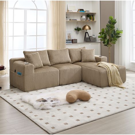 Canapé modulable avec méridienne, velours côtelé, 5 coussins, kaki HAVRYA (1/5)
