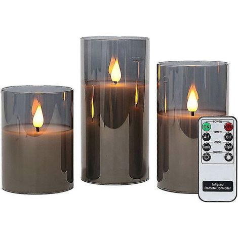 Grau flammenlose Kerzen im Glas, 3 Glaswindlichter mit Fernbedienung und Timerfunktion, warmweie Licht mit Batterien enthalten