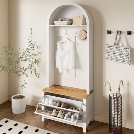 Appendiabiti con ripiano per scarpe - Mobile da ingresso con ripiano e ganci - Pratico contenitore - 75x35x195 cm - Bianco