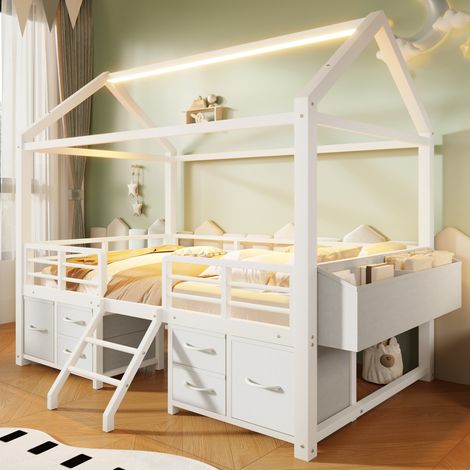 Lit mezzanine enfant 90x200 cm métal blanc avec rangement sans matelas FloraGrace (1/5)