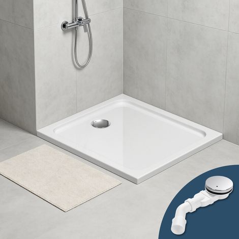 Wolketon Receveur de douche extra-plat 90 x 80 cm rectangulaire blanc avec évacuation Ø 90 mm noire (1/5)