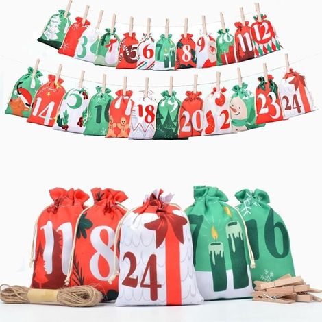 Calendrier de l'Avent Tissus à Remplir, 24pcs Pochette Calendrier de l'avent Vide Reutilisable Mural pour Cadeau Noel Décoration de Noël