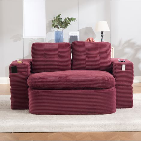 Canapé convertible 165x97x61 cm bordeaux, 2-en-1 avec porte-gobelets, tissu côtelé, MEUBLIV (1/5)
