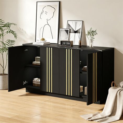 Buffet de salon, meuble de rangement à 4 portes, 35 x 140 x 70 cm, design à lignes dorées, armoire avec cloisons réglables, adapté au salon et à la chambre, noir + or (1/5)