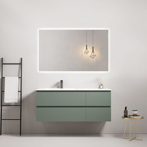 Mobile bagno sospeso cannettato 120 cm Verde Salvia Lavabo a Sinistra in Ceramica Specchio Quadro Retroilluminato - Fiji Paint (1/3)
