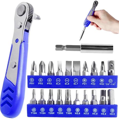 22 in 1 Mini Screwdriver Set 1/4 Right Angled Ratchet Screwdriver with Phillips Slotted Torx Magnetic Bits for Small Space(22 in 1 Blue) (1/5)