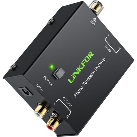 Préamplificateur Phono avec Interrupteur Version Améliorée Ultra-Faible Bruit Boîtier Métallique Alimentation 12V Incluse Entrée/Sortie RCA pour Platine Vinyle Tourne-Disque