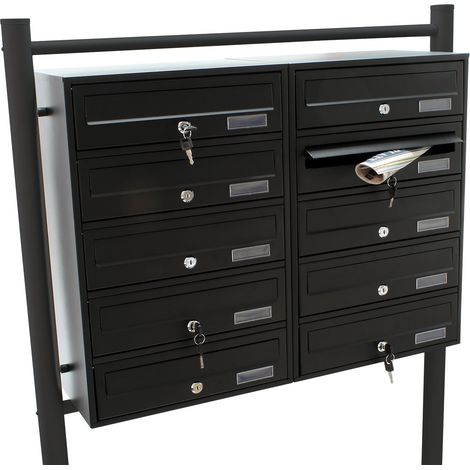 Wiltec Cassetta postale condominiale autoportante, 10 posti, nero, 945 x 270 x 1500 mm 2 moduli