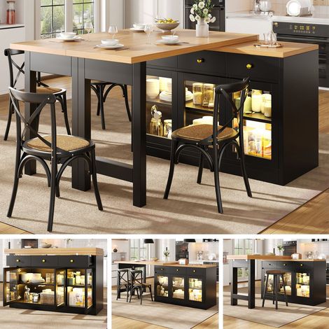 Table de Cuisine 120-200 cm éclairage LED 3 tiroirs portes en verre commande par application blanc et noir (1/5)