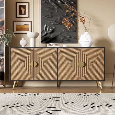 Aparador de 160 cm, 4 puertas, tiradores dorados cepillados, patas brillantes negras y madera HAVRYA (1/5)