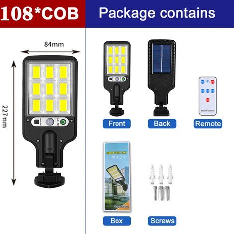 (Lot de 6 lampes solaires 108COB avec télécommande) Lampes solaires d'extérieur, 3 modes, étanches, avec détecteur de mouvement, pour éclairage de sécurité, compatibles avec jardin, terrasse, allée et (1/5)