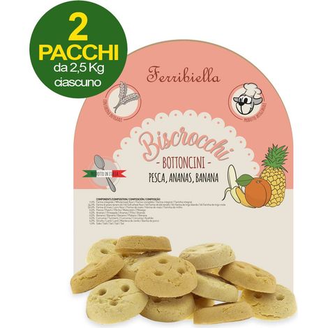 Biscotti Biscrocchi Bottoncini con pesca, ananas e banana per cani 2 pacchi da 2,5 kg ciascuno