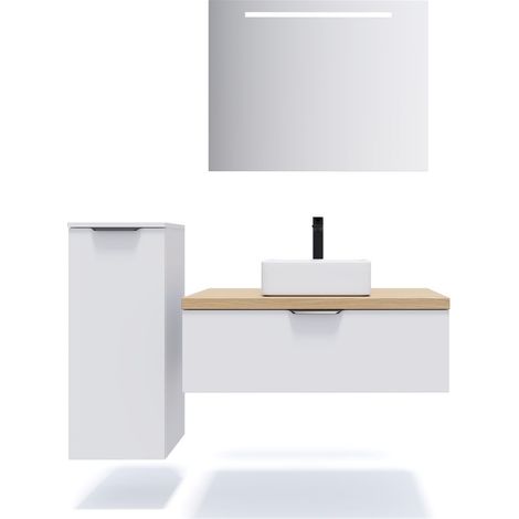 Meuble de salle de bain suspendu vasque à poser 90cm 1 tiroir Blanc + miroir + colonne ouverture gauche - Soho (1/5)