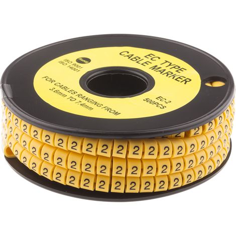 Repère câble , Ø câble 3.6  7.4mm, texte : 2, Noir sur Jaune ( Prix pour Bobine de 500 )