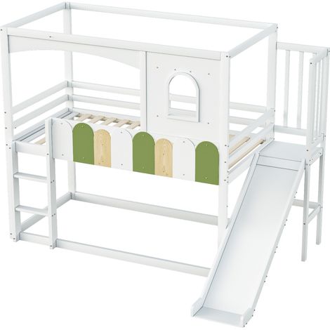 Cama alta infantil 90 x 200 cm blanca con tobogán, escalera de seguridad y marco casita (1/5)