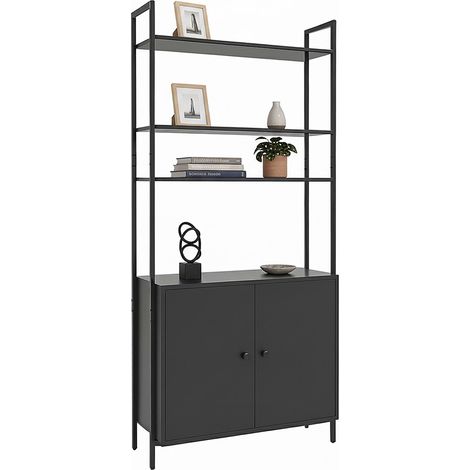 Black Bookcase with Storage Unit, MDF & Metal, 4 Shelves (1/5)