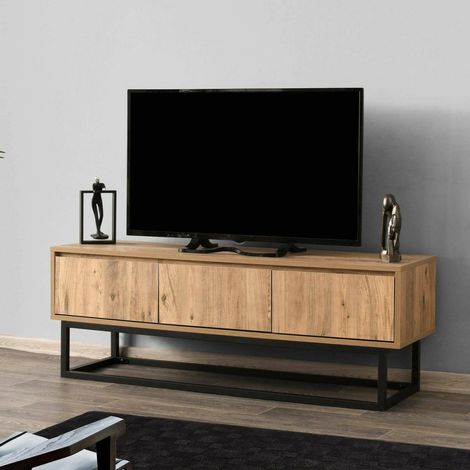 Dmora - Fernsehschrank Dpinat, Ständer für Wohnzimmerfernseher, Niedriges Wohnzimmer-Sideboard, TV-Ständerbasis, 140x40h50 cm, Eiche und Schwarz (1/5)