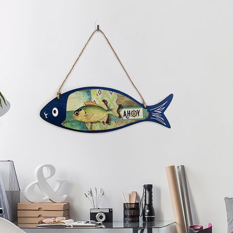 Panneau D'accueil En Bois - Forme De Poisson - Décoration Murale Nautique - Pour Porte Ou Mur - 35 X 12 Cm - 1 Pièce (1/4)