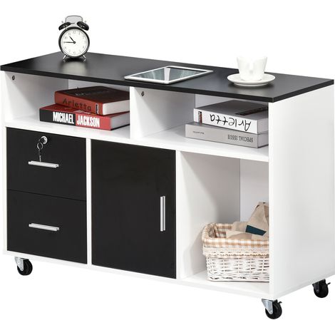 Meuble archivador avec roues, étagères et tiroirs, armoire multiusos grand stockage noir et blanc 100x35x65 cm
