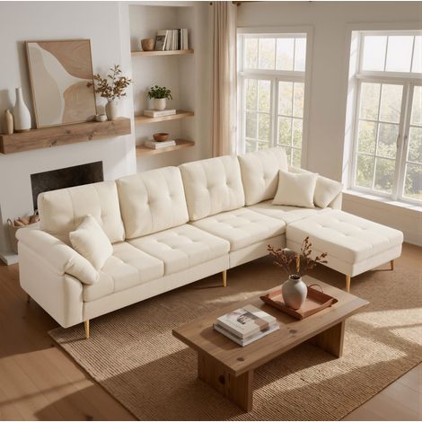 Canapé 4 places en velours côtelé 250 cm avec pouf modulable crème OKWISH (1/5)