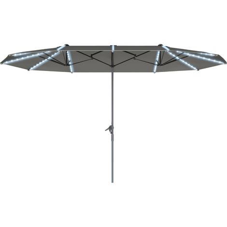Parasol double LED solaire 451x267 cm aluminium protection UV50+ manivelle résistant au vent gris foncé