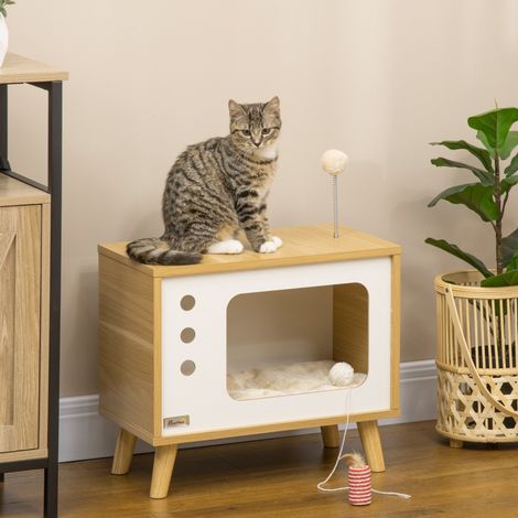 Cuccia per gatti design TV con cuscino e pallina, 50 x 28 x 43 cm, beige HAVRYA (1/5)