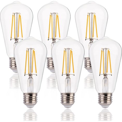 Dimmable Edison Bulb E27 Vintage, ST64 Retro LED Filament Decorative Lamp, 8W(60W Equivalent), 2700K Warm White 806LM, Clear Glass, Pack of 6