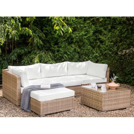 Conjunto de jardín sofá con mesa de centro cuadrada ratán color natural cojines blancos derecho Sano II (1/5)