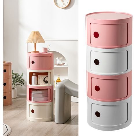 Table de chevet style nordique, grande capacité, ronde, assortie aux couleurs de la chambre, rose, blanc laiteux, rose, blanc laiteux (quatre niveaux) (1/5)