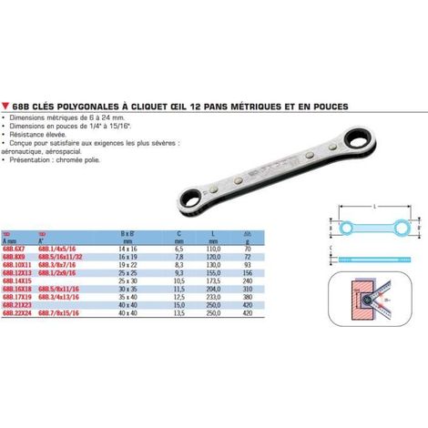Clé à cliquet - FACOM - 68B.21X23 - 12 pans - 21x23 mm - 1 pièce