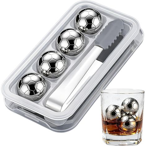 Glaçons réutilisables en métal 4 pierres à glace rondes réutilisables en métal en forme de ballon de football Pierres à glace en acier pour whisky, bar, fête des pères, bière, vin (1/5)