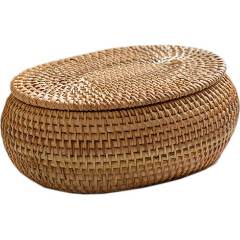 Boîtes rondes en rotin avec couvercle, tressées à la main, plateau multifonctionnel en osier - panier de pique-nique, corbeille à pain, panier de rangement - 14 x 17 x 7 cm (1/2)