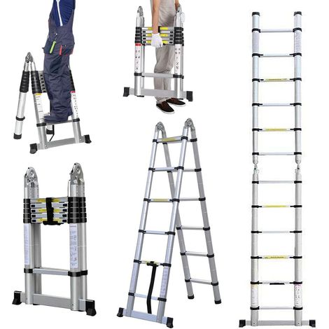Alu Teleskopleiter klappleiter 1,9M+1,9M (12.5FT)A Rahmen Leiter mit Stützstange 12 sprossen Aluleiter Ausziehbar Schiebeleitern rutschfest EN131 Mehrzweckleiter belastbar bis 150 kg