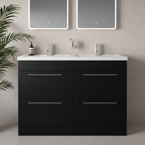 Napoli 390 Matt Black 1200mm 4 Drawer Vanity Unit with Double Lucia Basins - 1200mm - Chrome 320mm Handle