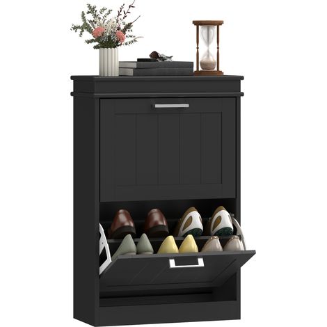 HOMCOM Slim Shoe Storage Cabinet with 2 Flip Drawers for Entryway, Black