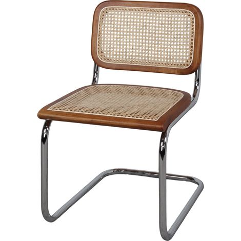 Chaise en fibres naturelles marron – Structure en acier chromé – Assise en bois et rotin type cannage – Hauteur d’assise 46 cm – Style contemporain Art Déco (1/4)