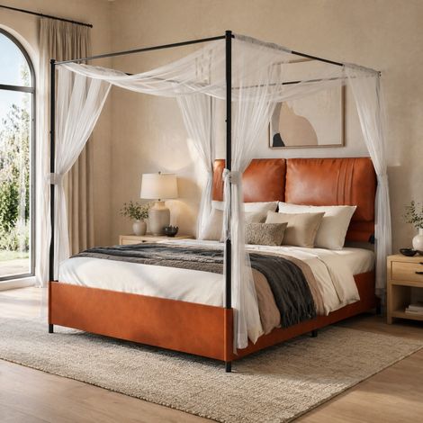 Cama con dosel 140x200 cm moderna marrón de PU con estructura metálica y somier de láminas (1/5)