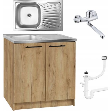 Meuble de cuisine 80 cm - Chêne doré - Ensemble complet avec évier et robinet - Design élégant