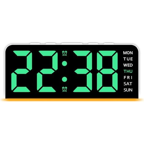 Réveil numérique LED avec grand affichage de la date et de la température - Blanc/Vert clair (1/5)