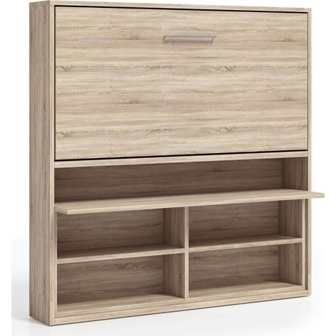 Lit escamotable horizontal 90x180 avec rangement et bureau Laura-1 matelas 90x180cm-Coffrage Blanc-Façade Noir (1/5)